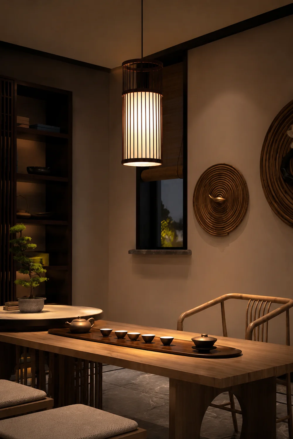 Ozawa Weave Cylinder Pendant Light, Coffee/Wood, Metal/Bamboo - Lumpaz