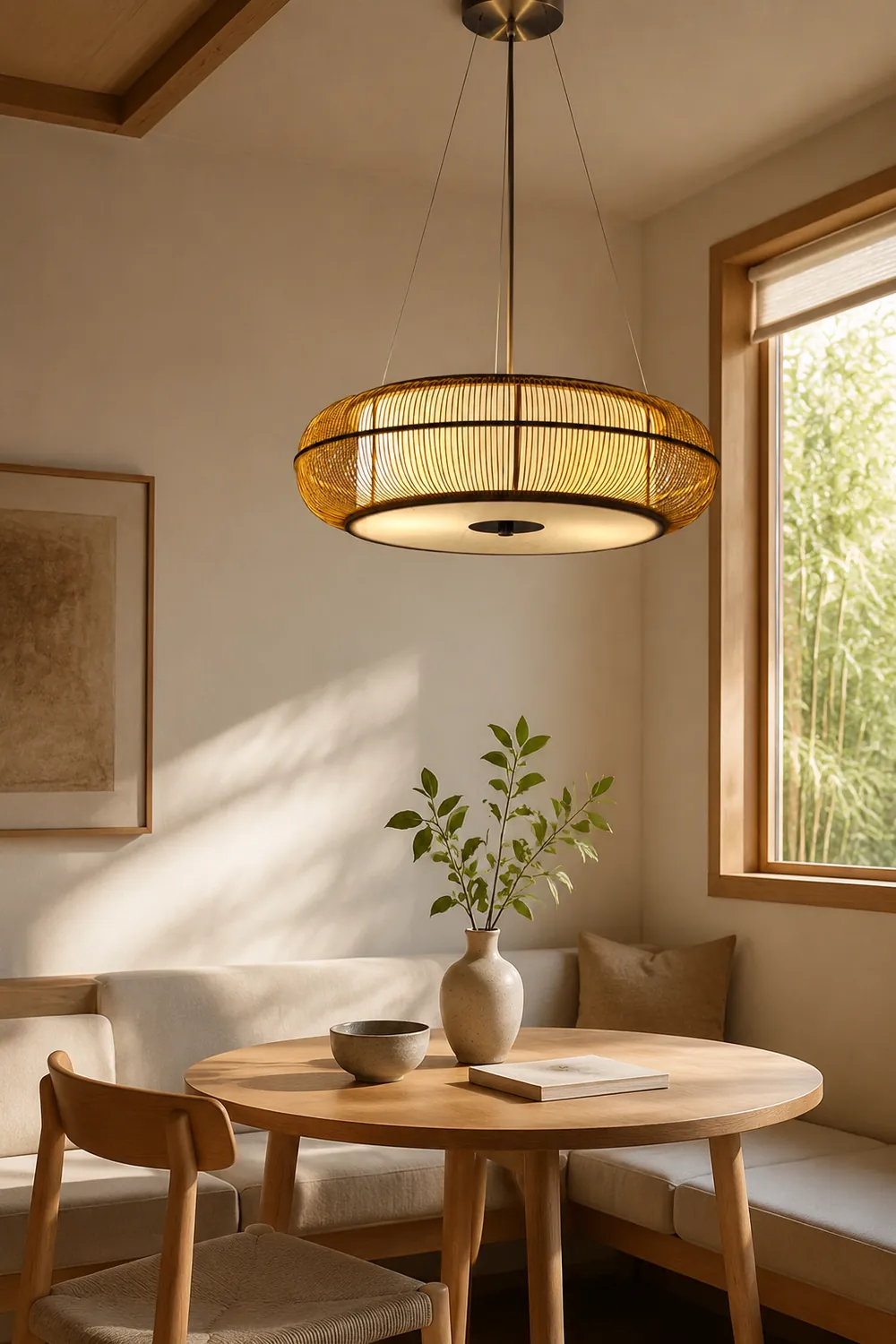 Ozawa Natural Basket Weave Wood/ Metal Pendant Light - Lumpaz