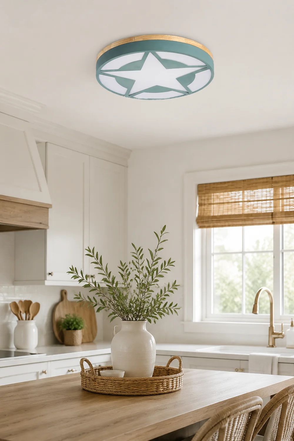 Quinn Modern Round Star Acrylic/Wood Flush Mount Ceiling Light, White/Green/Gray - Lumpaz