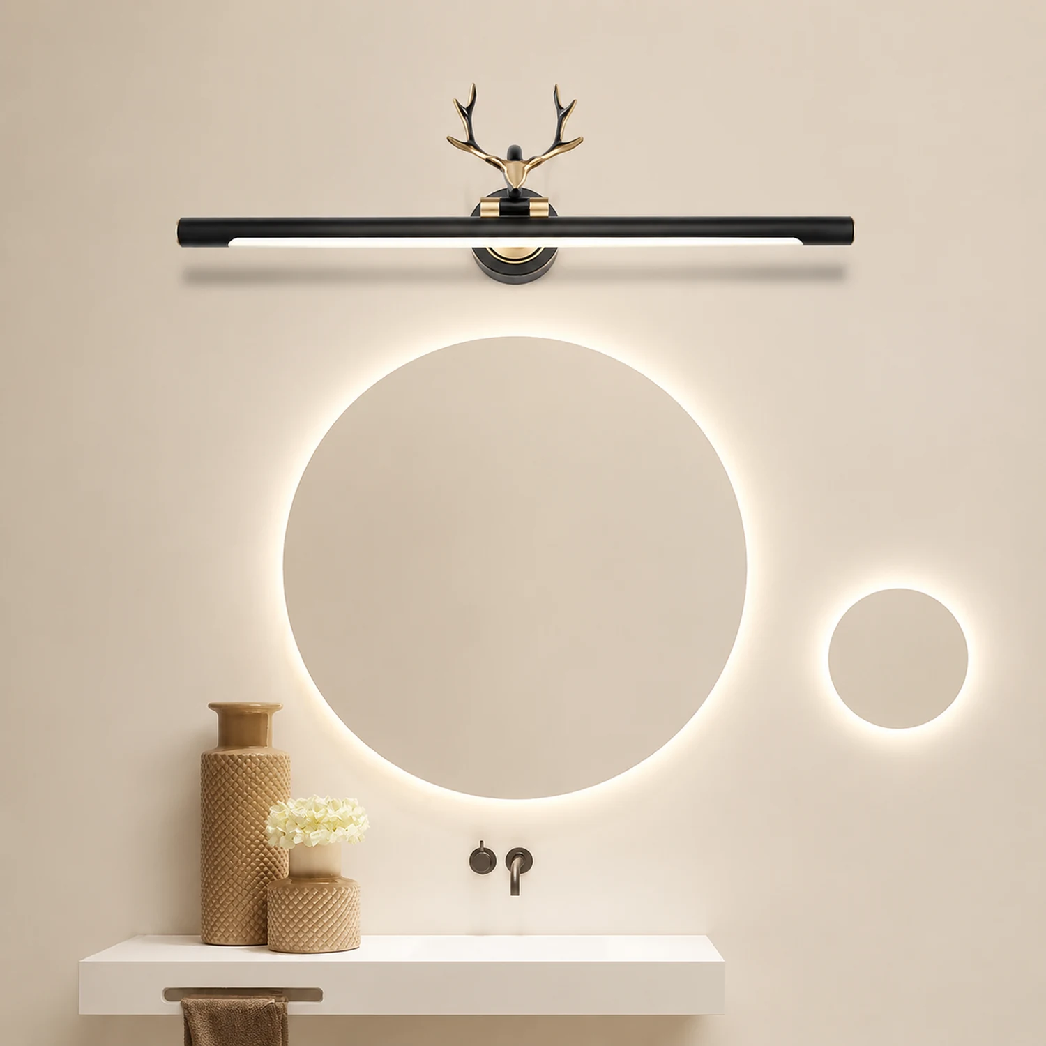 Leigh Decorative Deer Mirror Front Vanity Wall Lamp, Black/Gold - Lumpaz