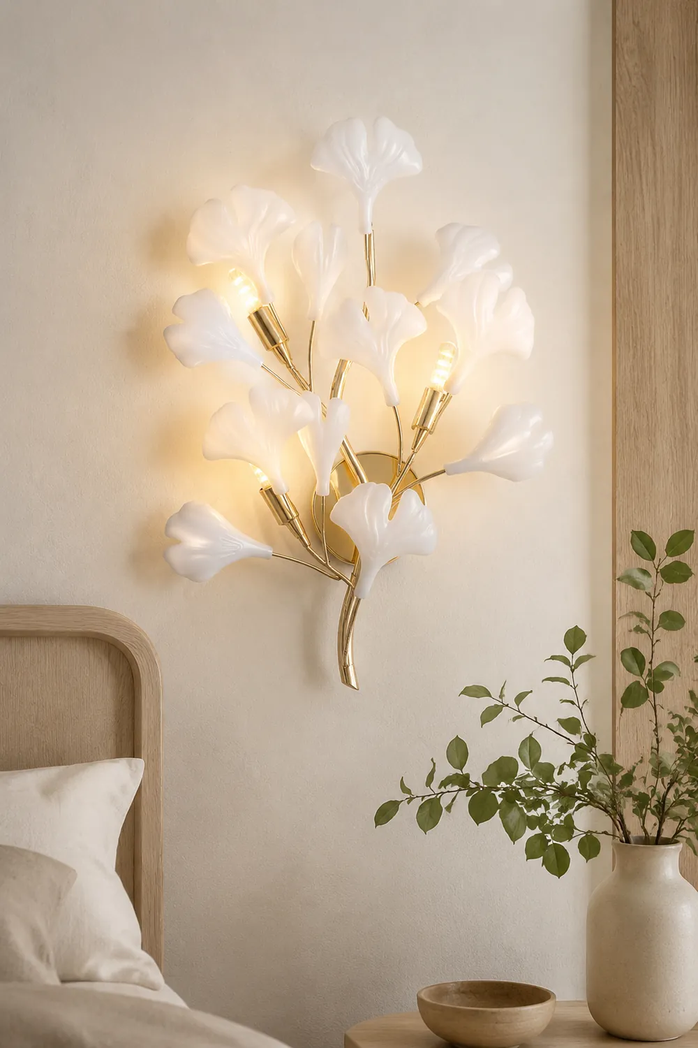 Ophelia Decorative Flower Ceramic/Metal Wall Lamp White/Gold Bedroom - Lumpaz