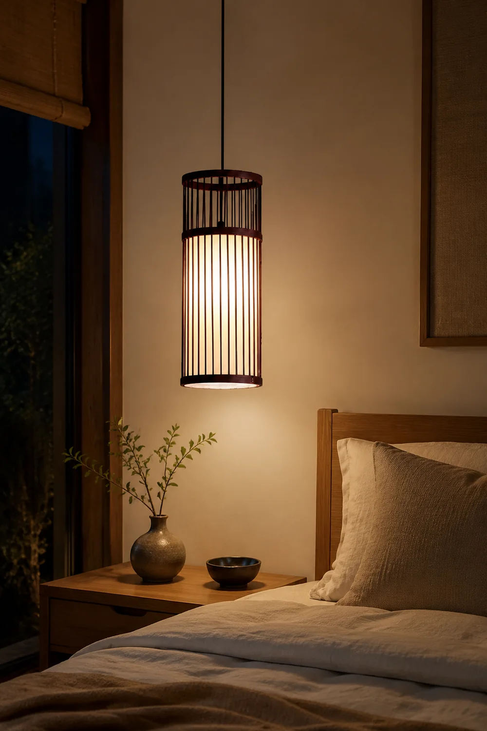 Ozawa Weave Cylinder Pendant Light, Coffee/Wood, Metal/Bamboo - Lumpaz
