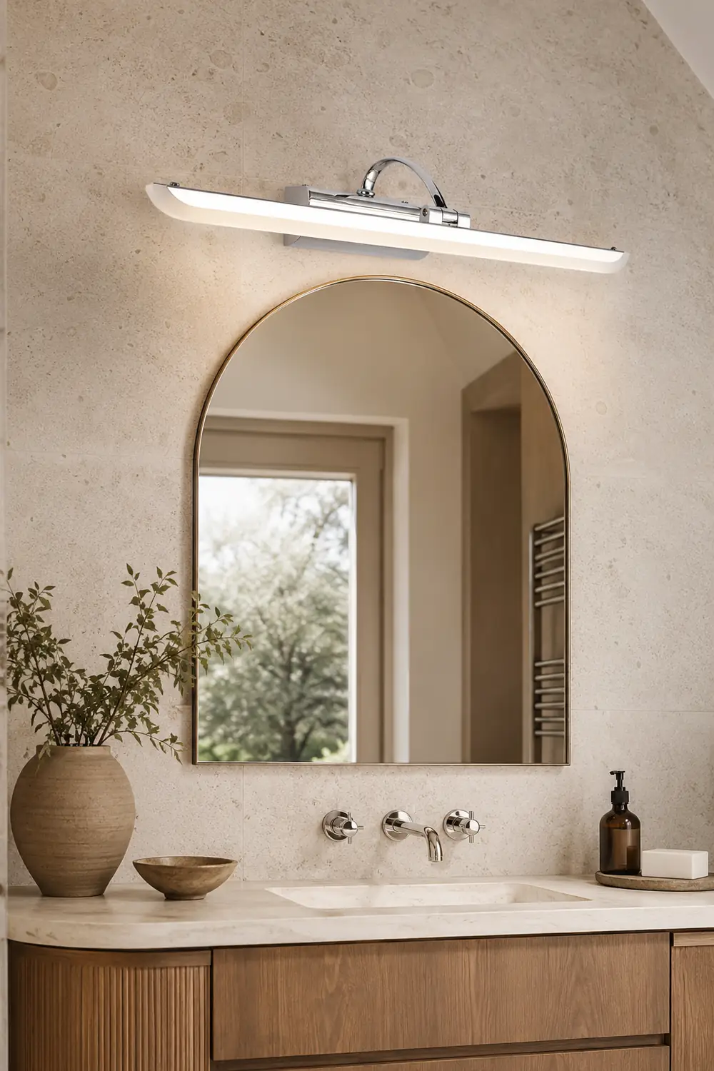 Leigh Modern Arc Metal/Acrylic Wall Lamp, Silver, Front Mirror Vanity - Lumpaz