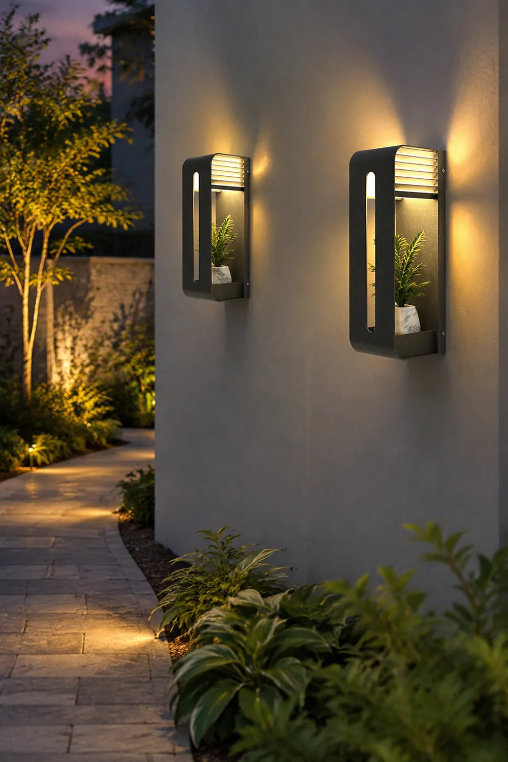 Orr Modern Rectangular Metal/Acrylic Solar Outdoor Plants Pot Holder Wall Lamp, Black - Lumpaz