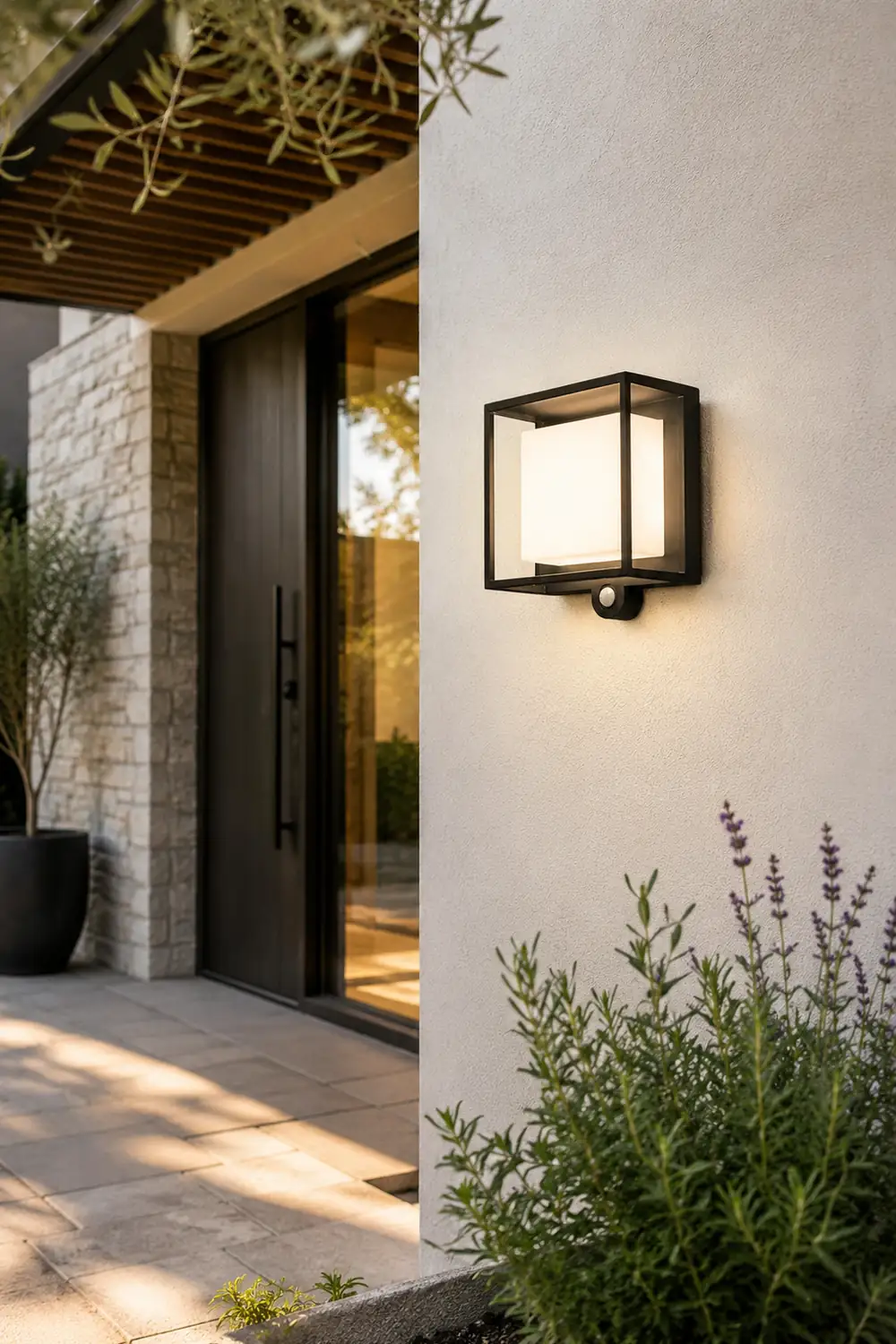 Orr Modern Rectangular Acrylic Sensor Solar Powered Outdoor Wall Lamp, Black - Lumpaz