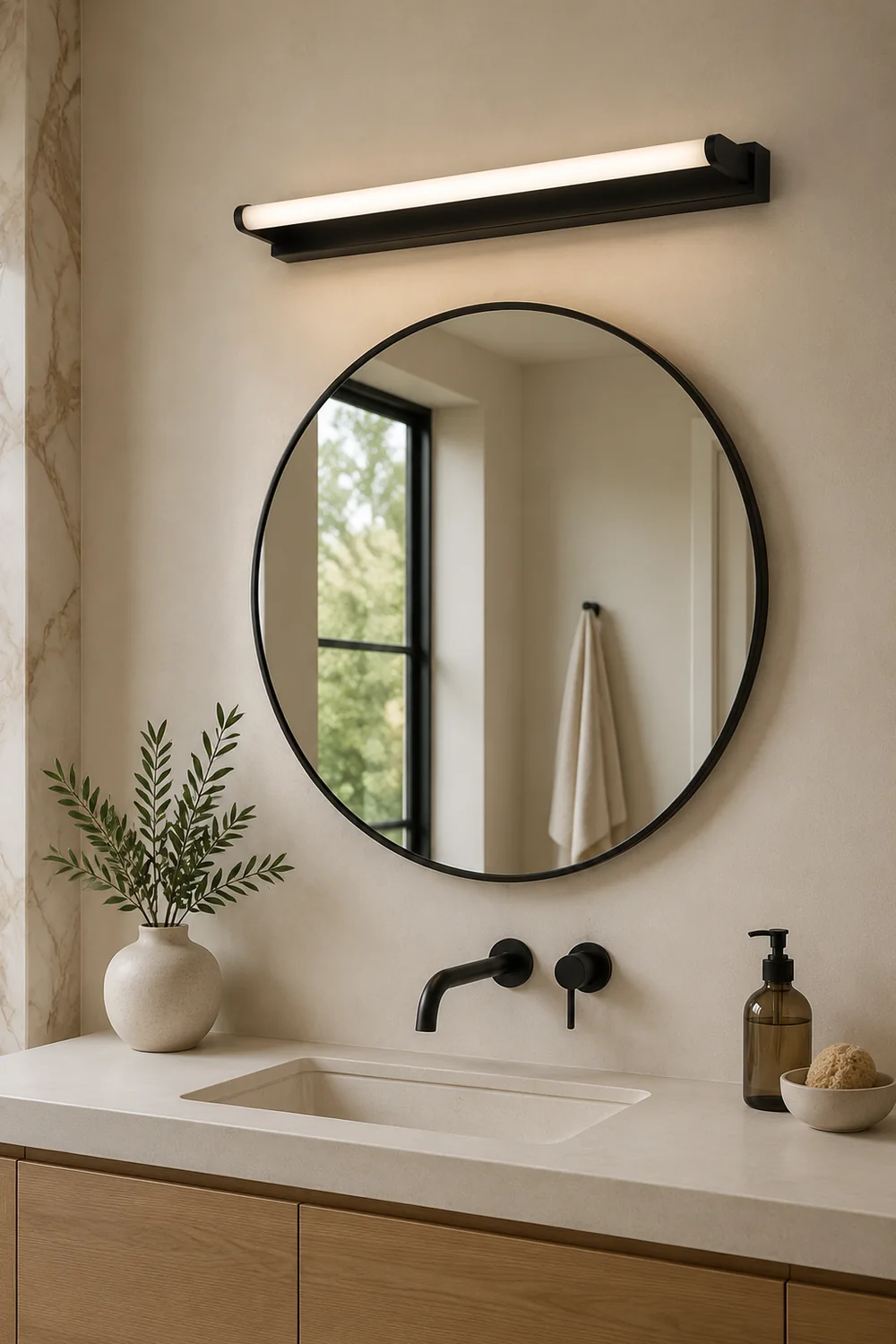 Leigh Minimalist Linear Cylindrical Metal/Acrylic Wall Lamp, Black, Bathroom - Lumpaz