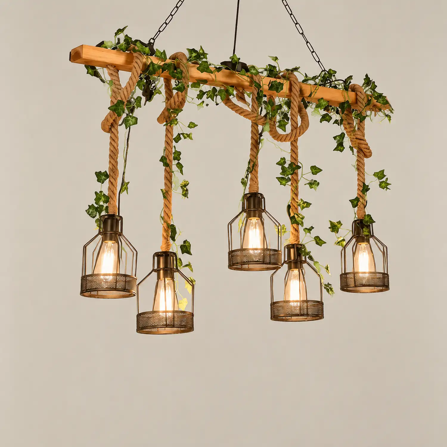 Alessio Caged Vintage Farmhouse Wood Beam Pendant Light 3/5 Heads - Lumpaz