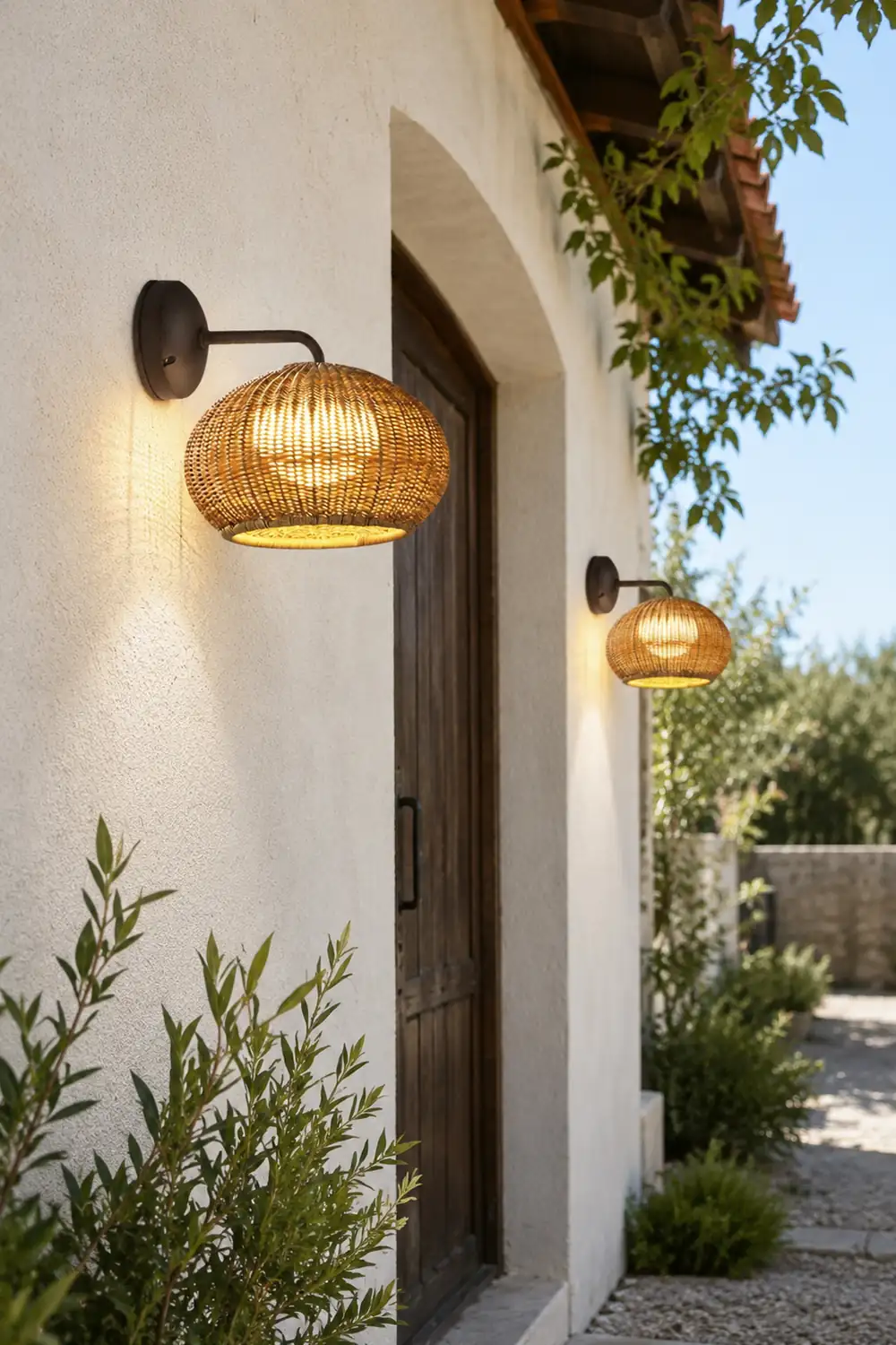 Ritta Farmhouse Metal/Rattan Outdoor Wall Lamp, Log Color - Lumpaz