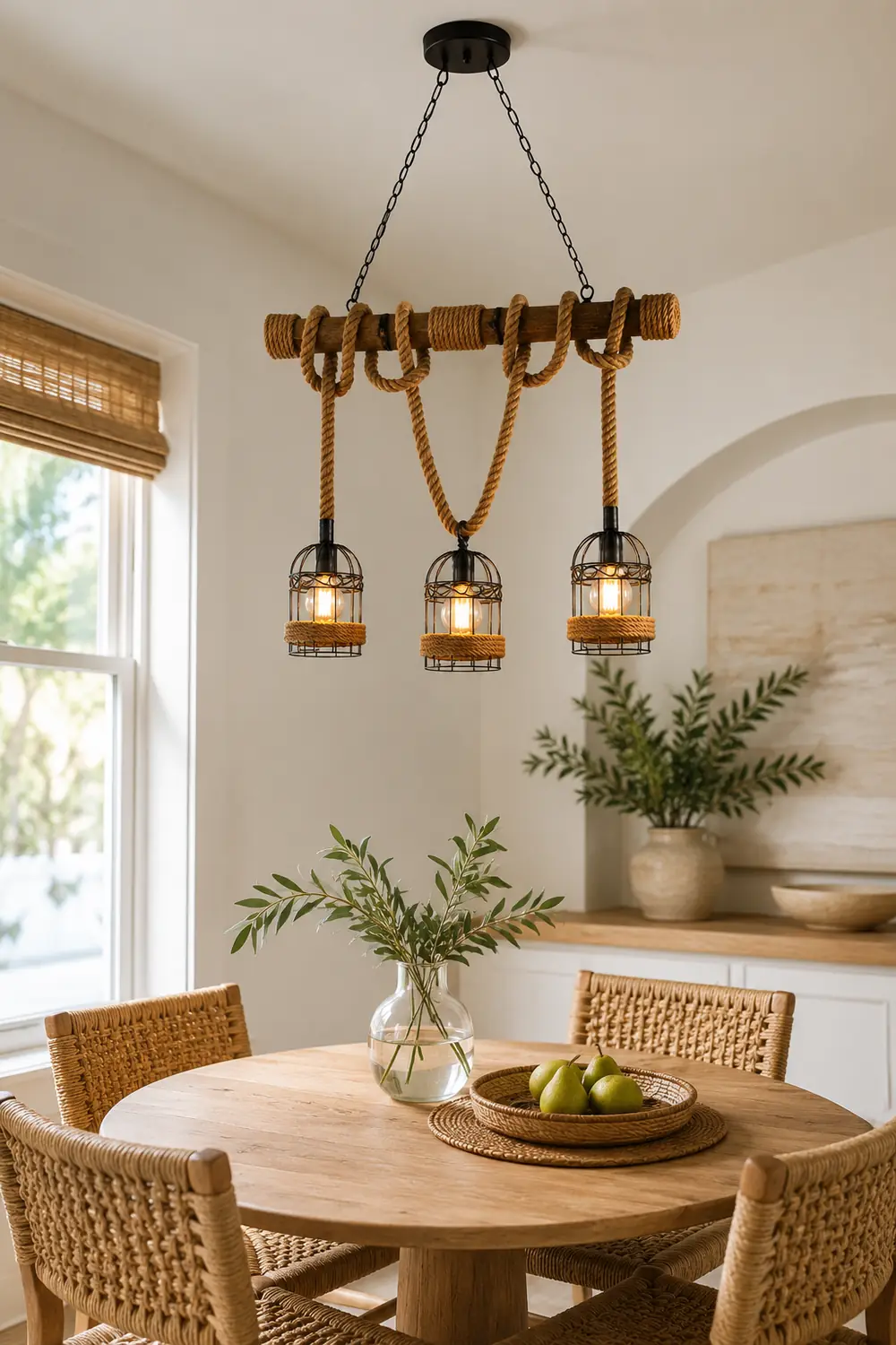Alessio Vintage Wood Pendant Light, 3 Heads, Hemp rope&Metal - Lumpaz