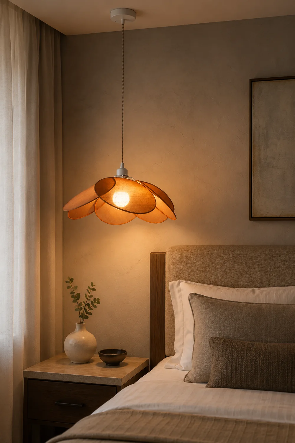 Renée Minimalist Fabric Flower Pendant Light, Orange/Brown/Beige - Lumpaz