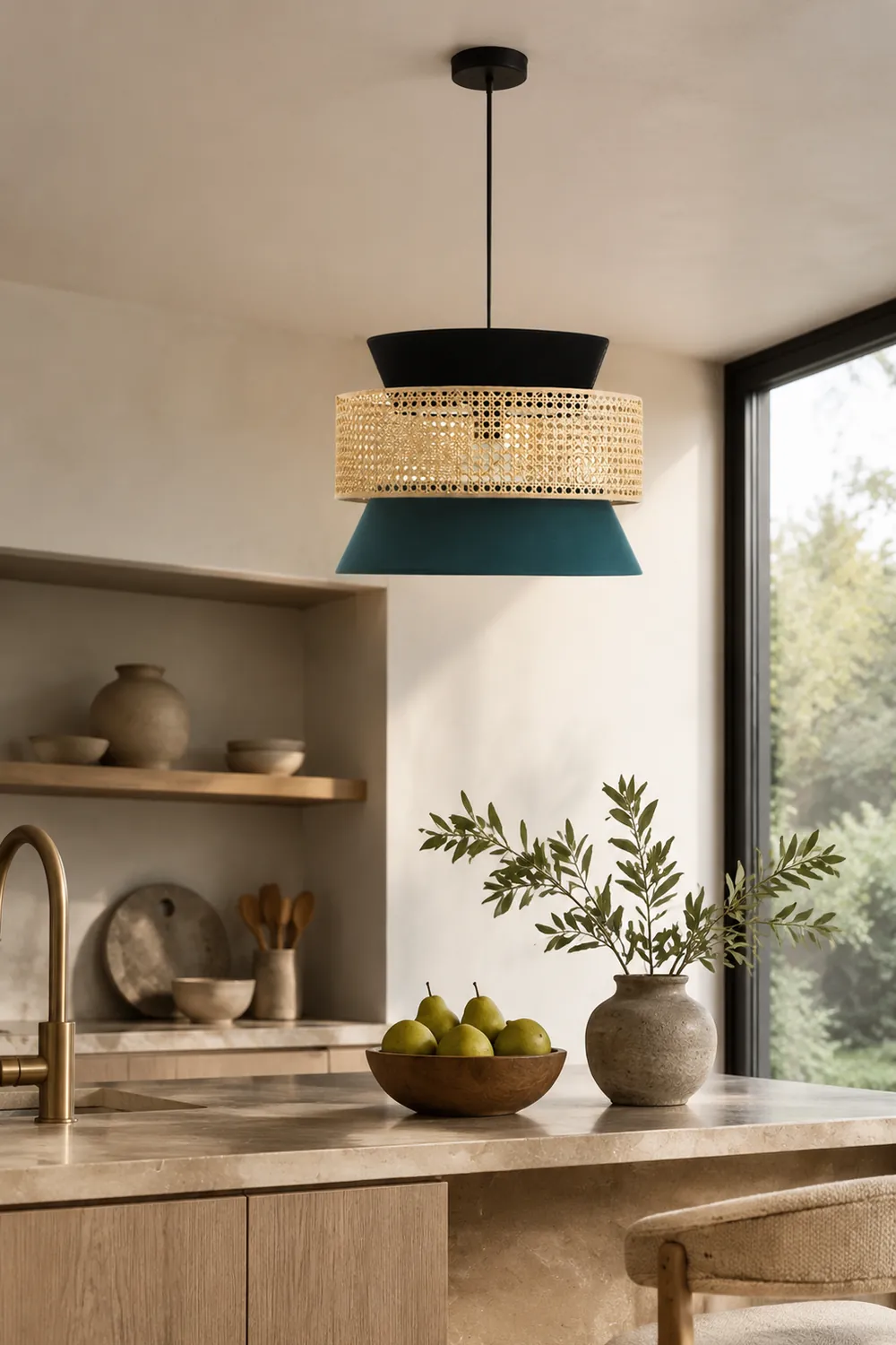 Ritta Retro Rattan/Fabbric Pendant Light, Dark Green - Lumpaz