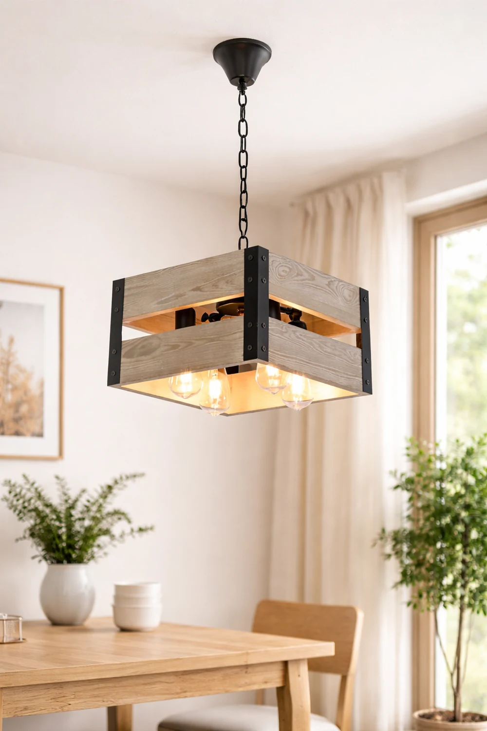Alessio Retro Square Metal & Wood Pendant Light, 4 Heads, 2 Style - Lumpaz