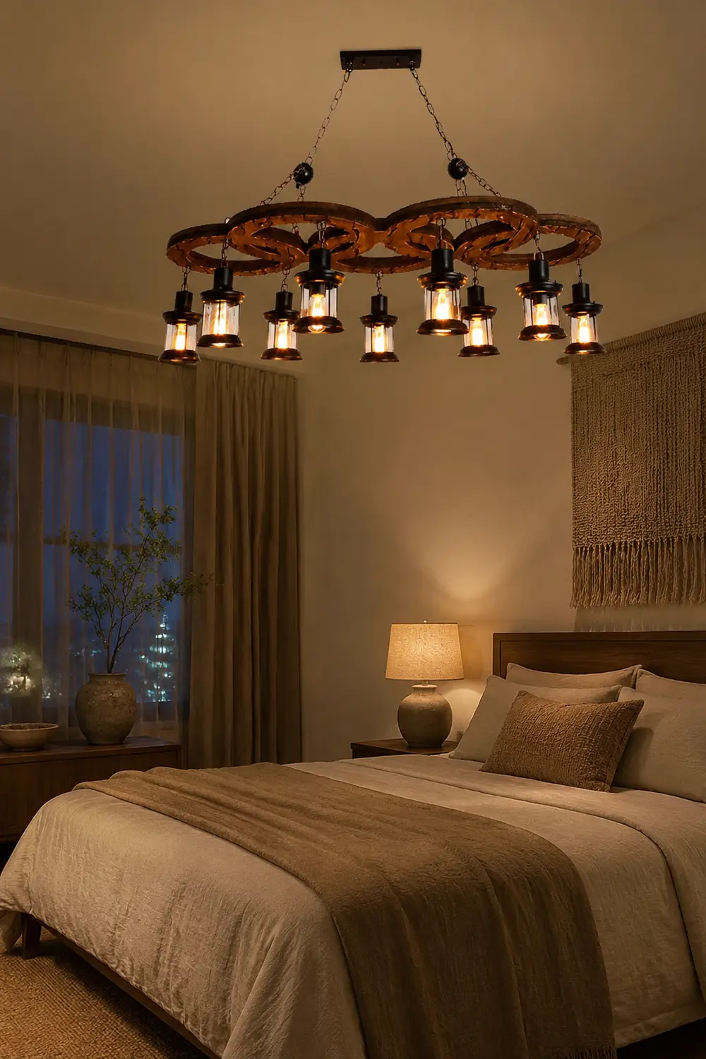 Austin Vintage 5 Ring Metal/Wood Pendant Light, Walnut - Lumpaz