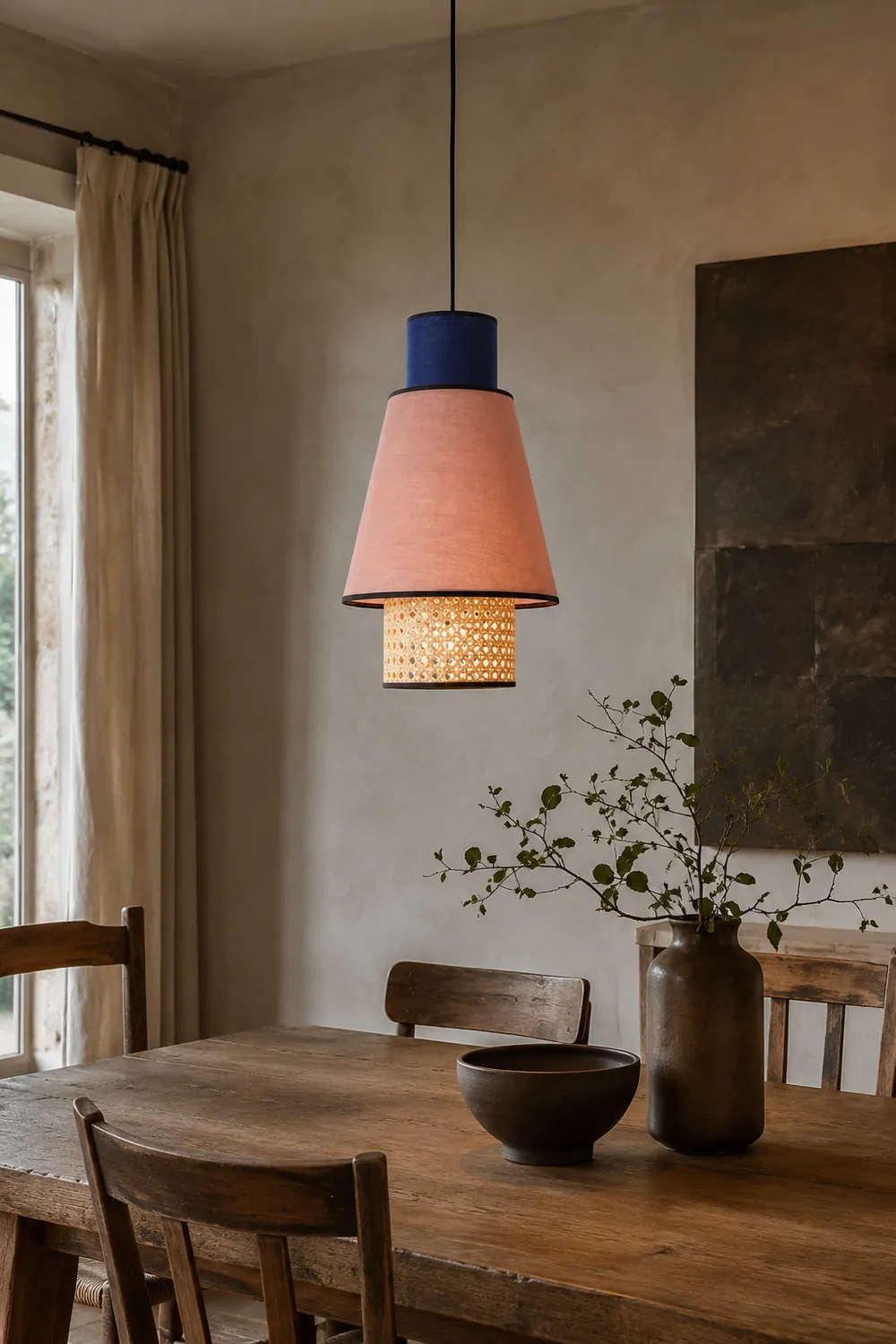 Ritta Cylindrical Fabric/Rattan Pendant Light, Pink/Royal Blue - Lumpaz