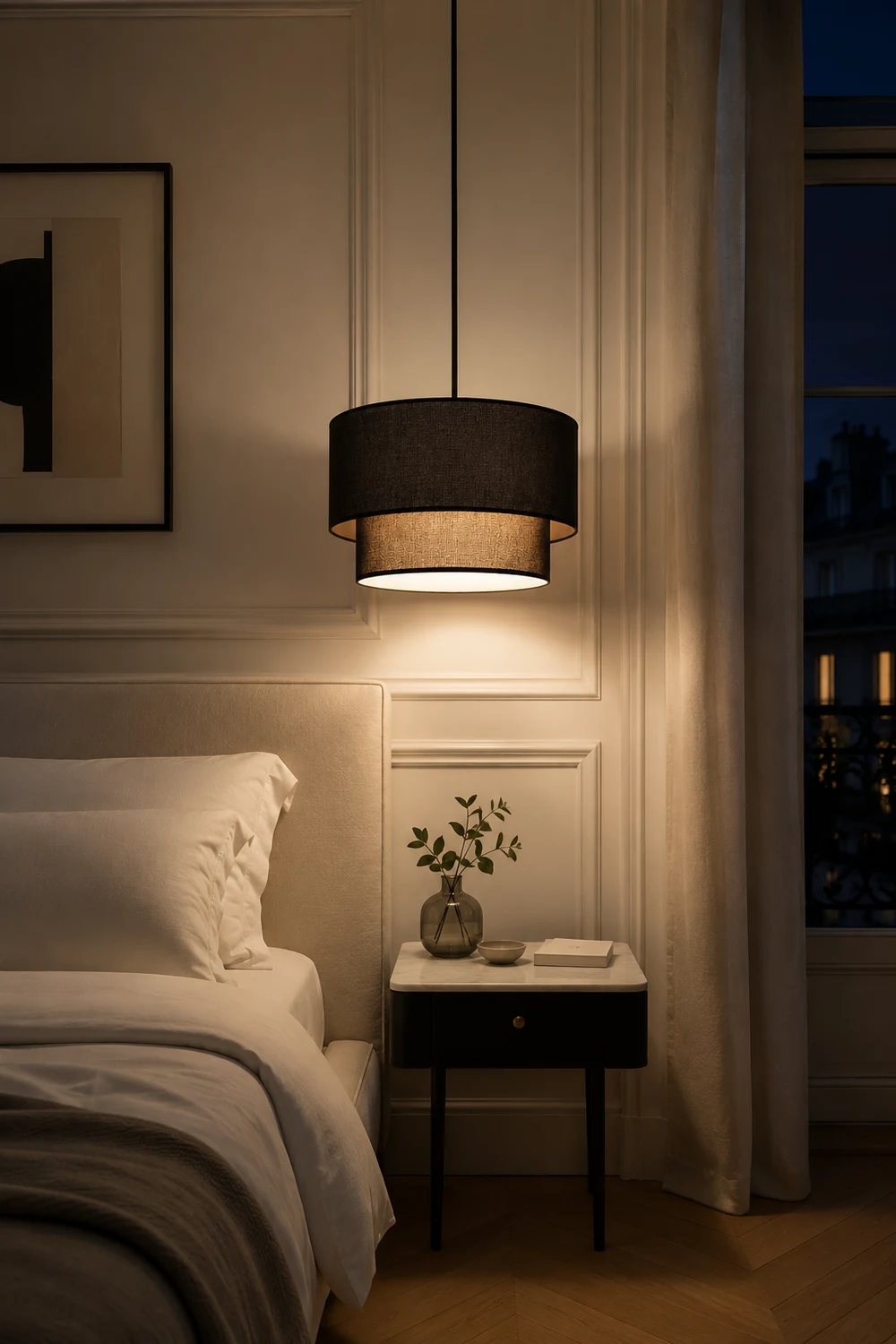 Renée Modern Dual Drum Fabric Pendant Light, Black/White/Flaxen - Lumpaz
