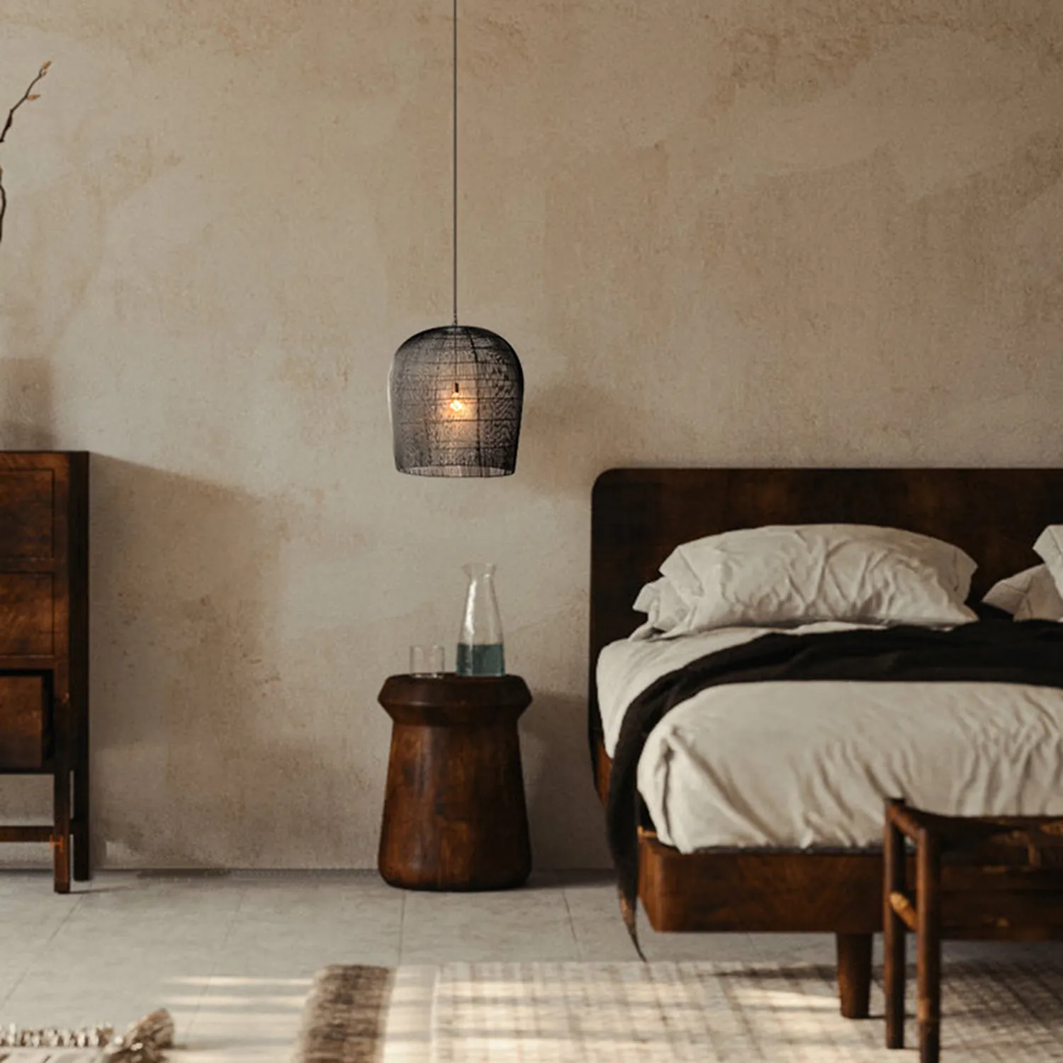 Ritta Wabi Sabi Bird Cage Rattan/Metal Pendant Light, Black/White - Lumpaz