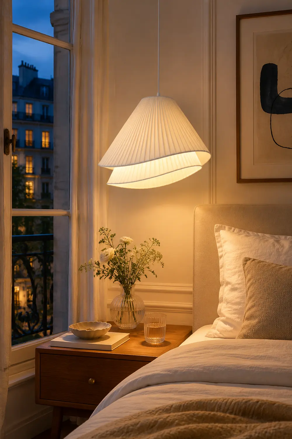 Renée Minimalist Double Overlap Fabric LED Pendant Light, White - Lumpaz