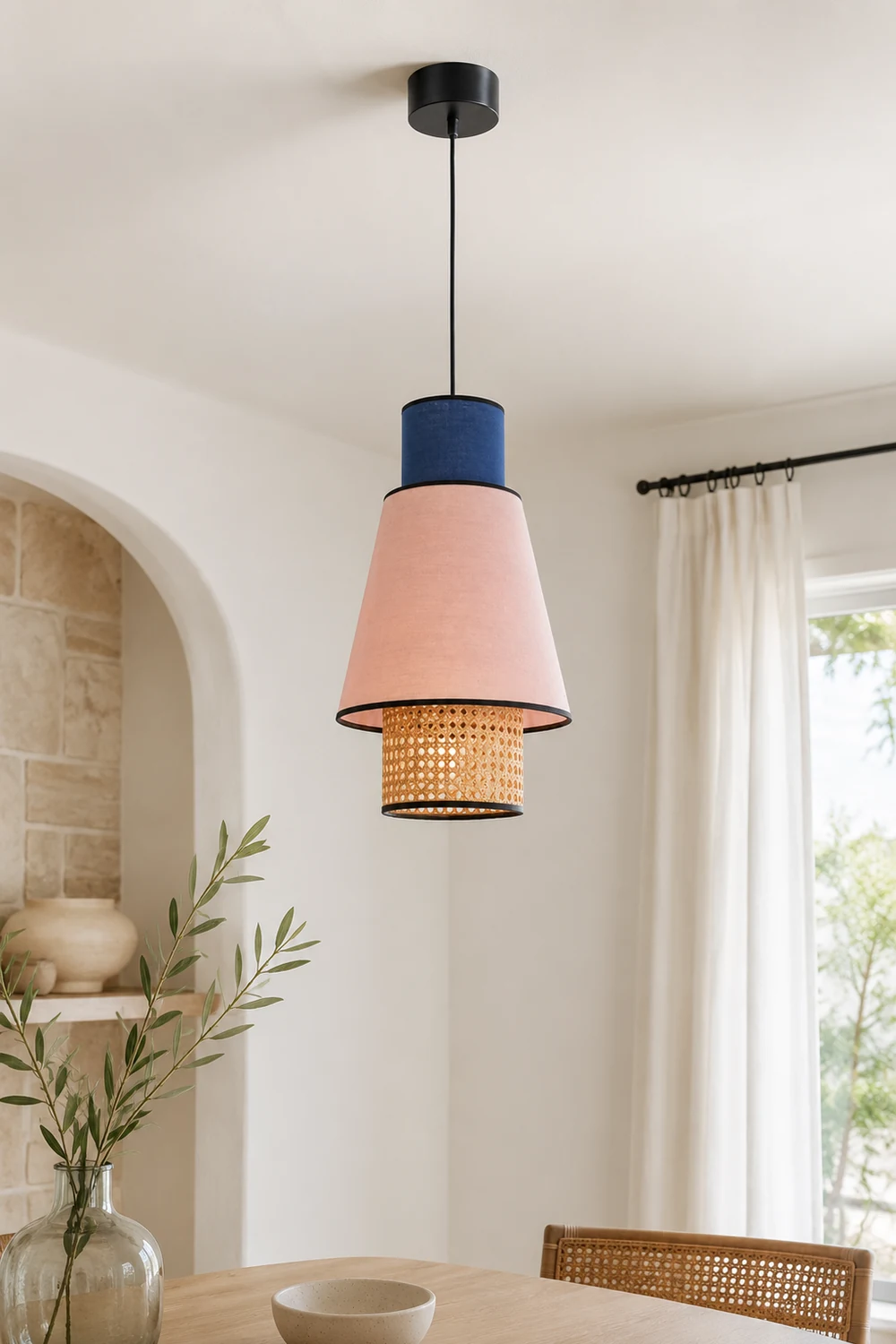 Ritta Cylindrical Fabric/Rattan Pendant Light, Pink/Royal Blue - Lumpaz