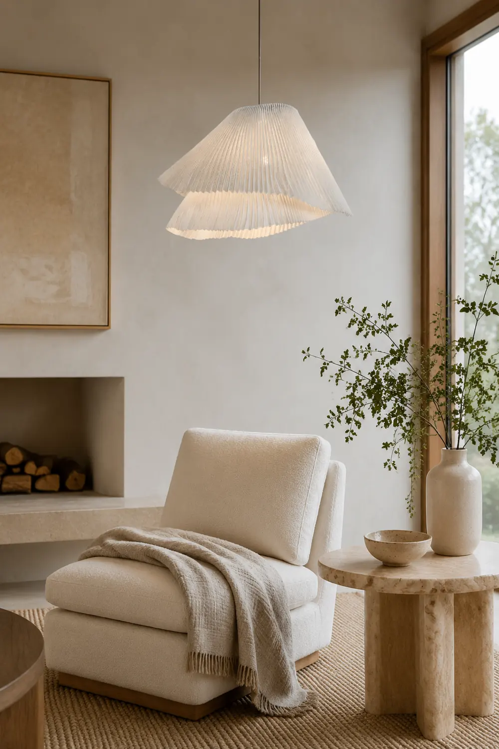 Renée Pendant Light Pleated Artificial Art Deco, Fabric, White, Bedroom - Lumpaz