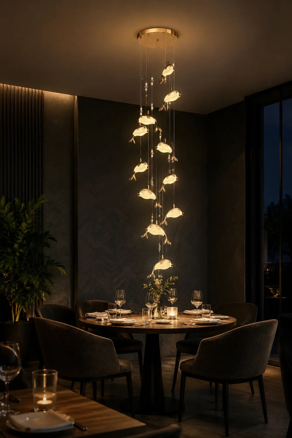 Jibril Modern Dolphin Metal Pendant Light, Gold, Metal/Acrylic - Lumpaz