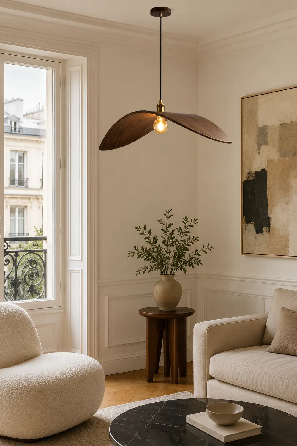 Ozawa Curved Art Pendant Light, Metal & Wood - Lumpaz