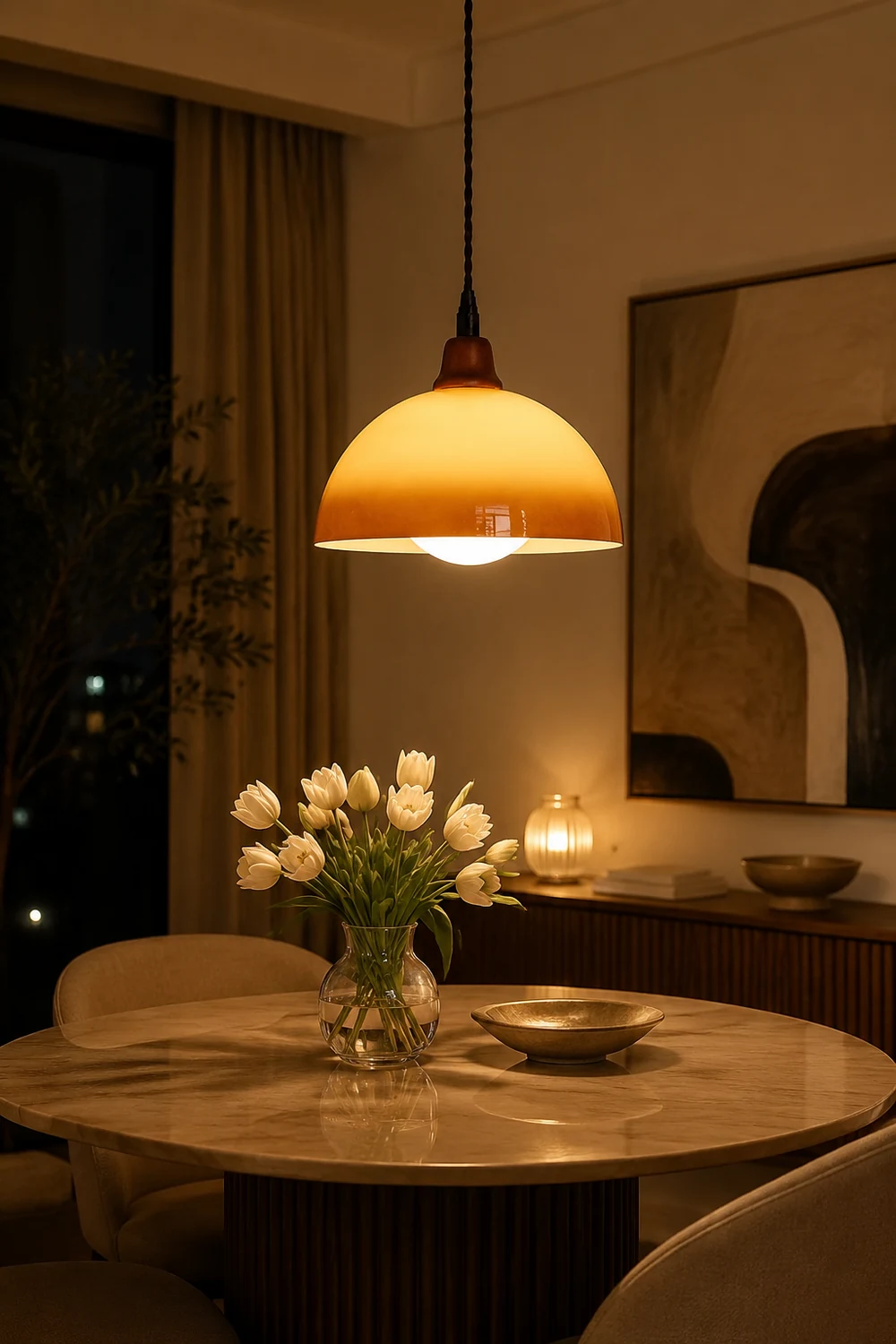 Hailie Retro LED Round Pendant Light Adjustable Dining Room Brown - Lumpaz
