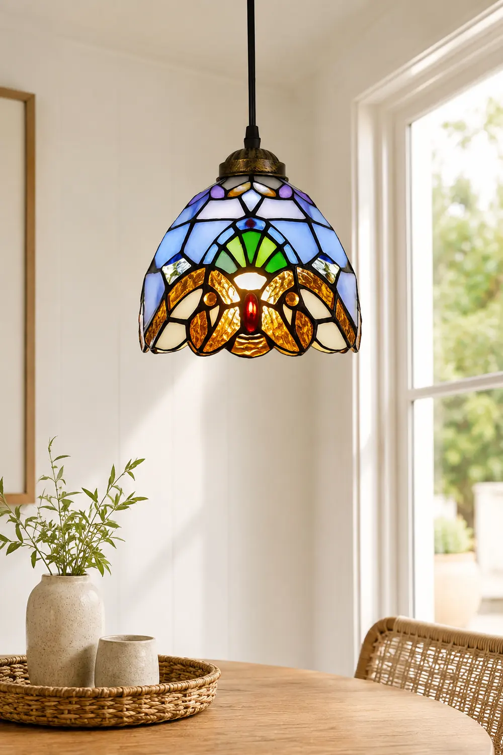 Alessio Tiffany Multicolor Bell Pendant Light, Yellow/Beige/Brown/Khaki/Blue/Purple - Lumpaz