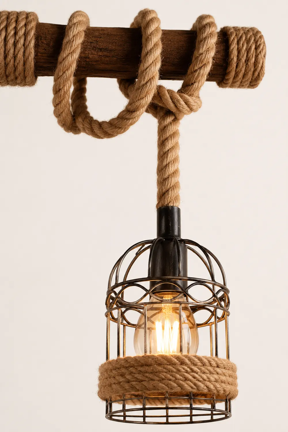 Alessio Vintage Wood Pendant Light, 3 Heads, Hemp rope&Metal - Lumpaz