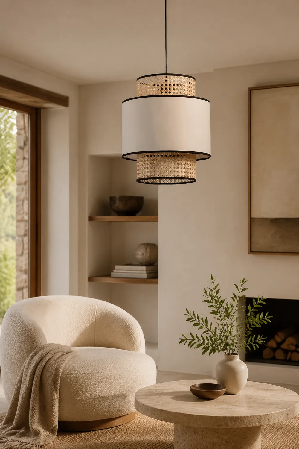 Ritta Retro Fabric and Rattan Pendant Light, Beige - Lumpaz