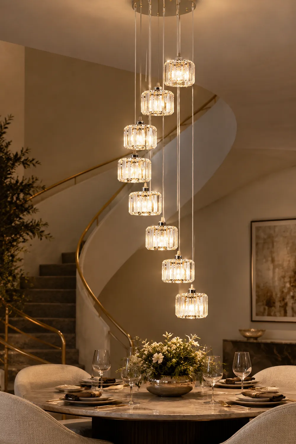 Hailie Modern Column Crystal Pendant Light, Clear, Stairs/Dining Room - Lumpaz