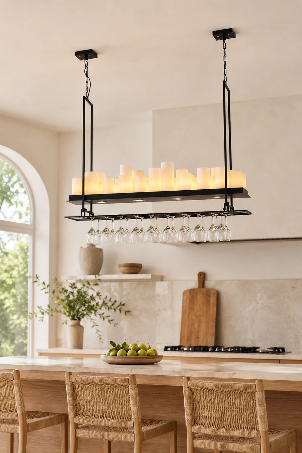 Alessio Candle Black Pendant Lighting for Kitchen Island, Wine Glass Holder - Lumpaz