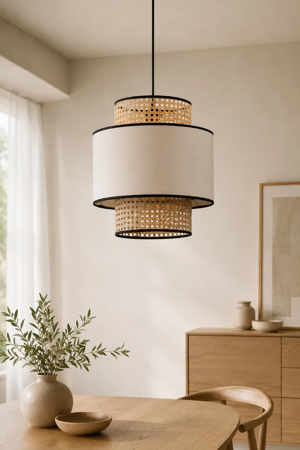 Ritta Retro Fabric and Rattan Pendant Light, Beige - Lumpaz