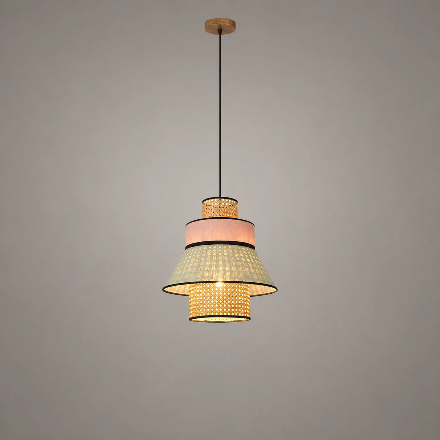 Ritta Farmhouse Fabric/Rattan Pendant Light, 2 Style - Lumpaz