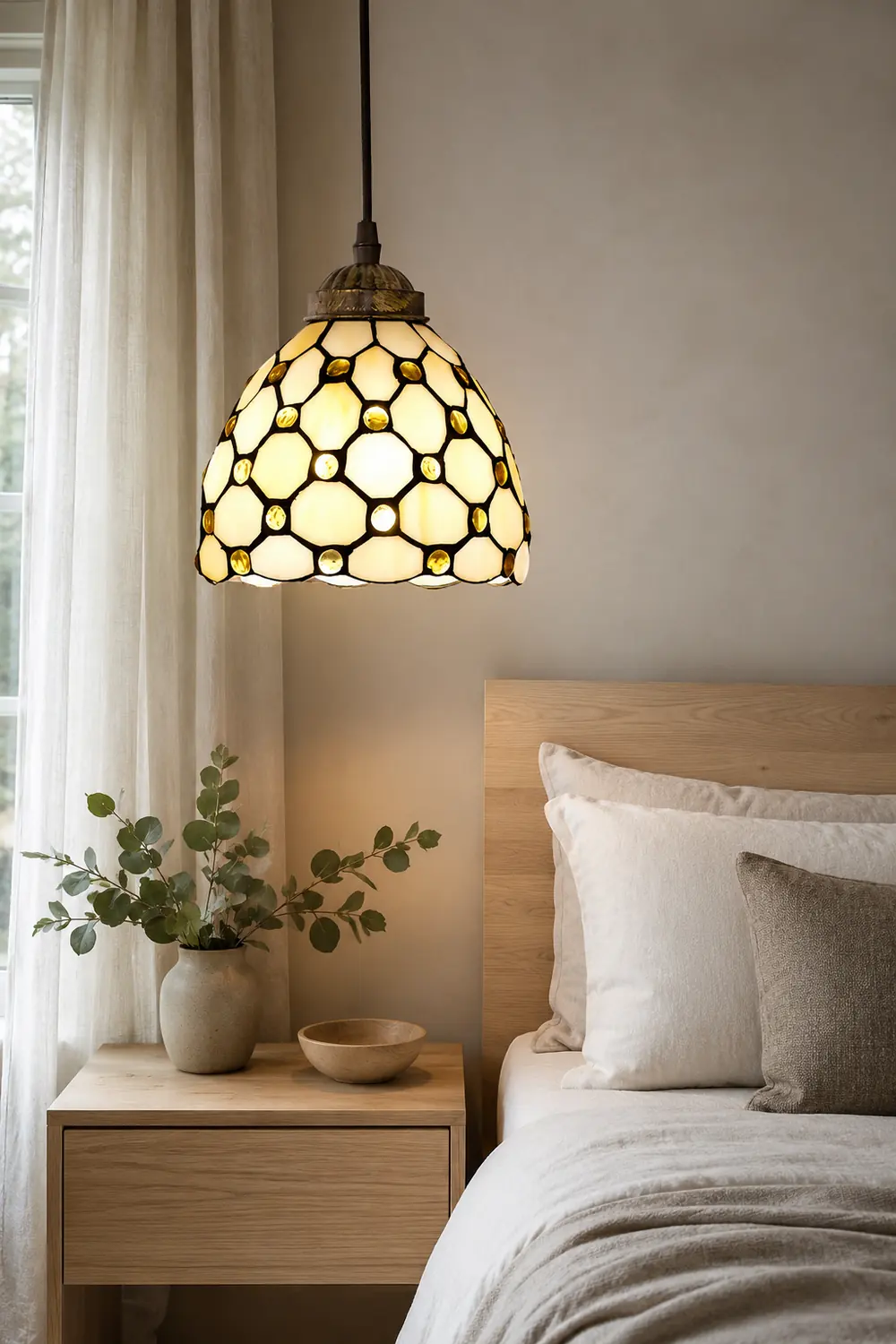 Alessio Tiffany Multicolor Bell Pendant Light, Yellow/Beige/Brown/Khaki/Blue/Purple - Lumpaz