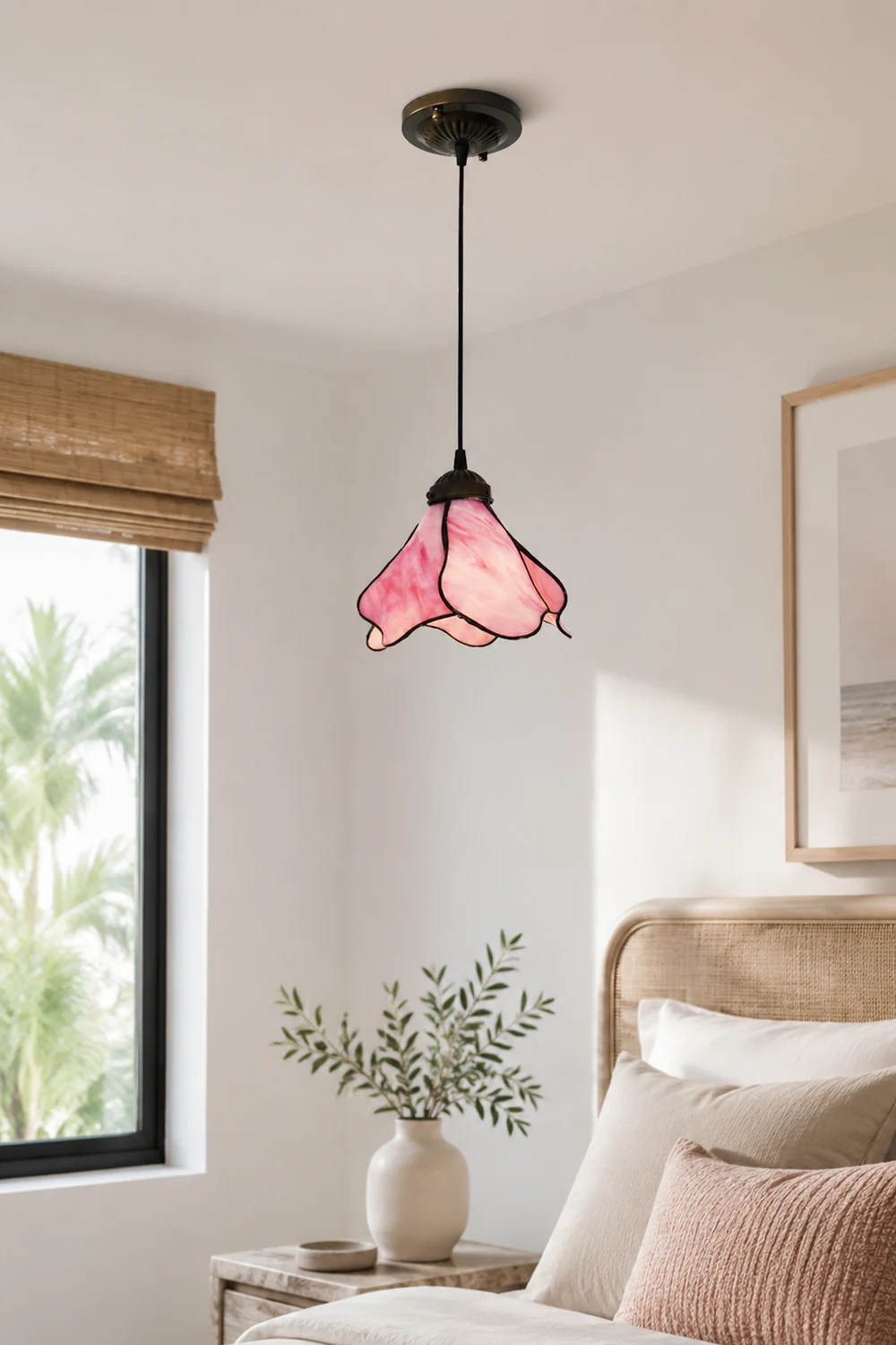 Félicie Flower Stained Glass Pendant Light, Blue/Pink, 1/3 Heads - Lumpaz