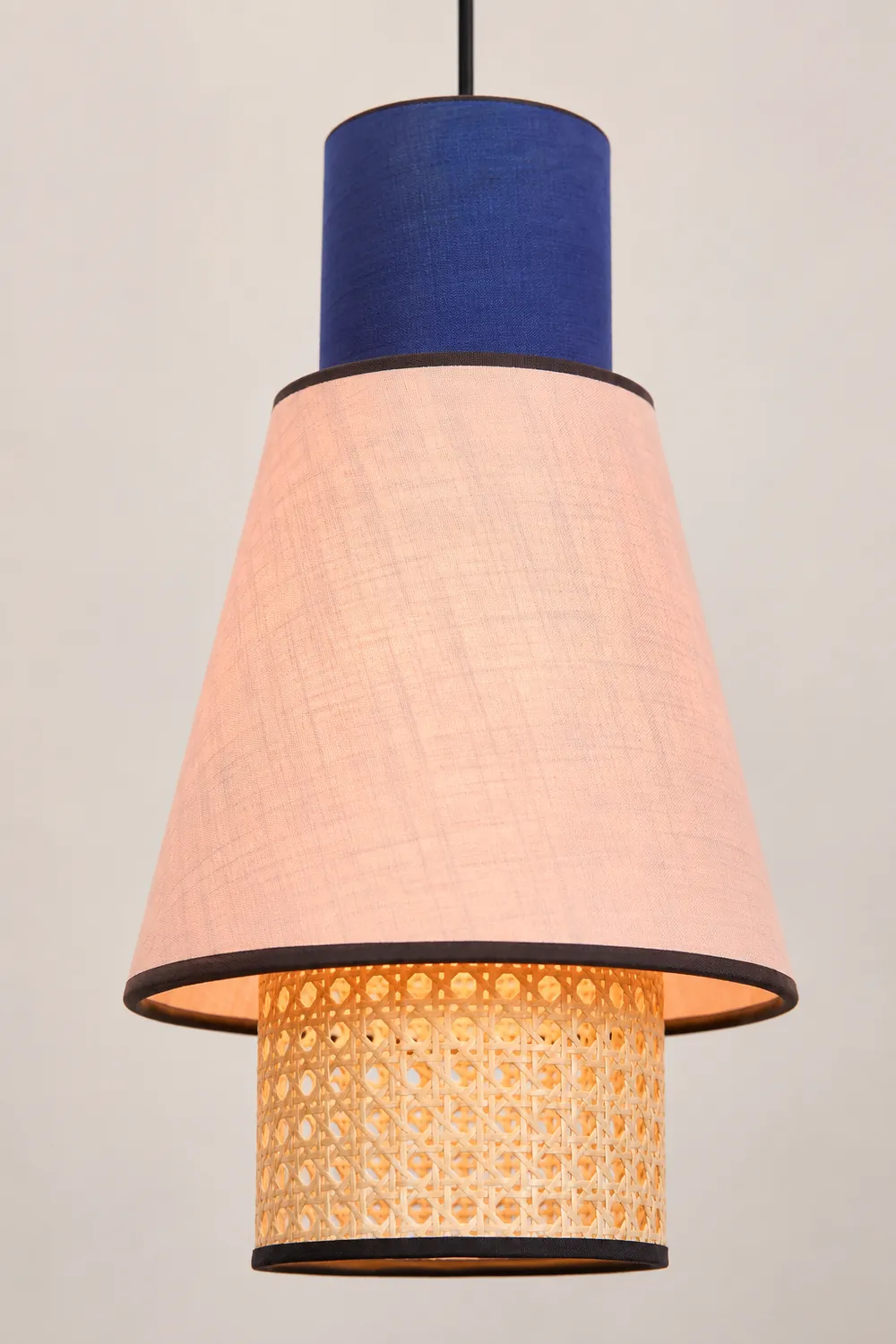Ritta Cylindrical Fabric/Rattan Pendant Light, Pink/Royal Blue - Lumpaz