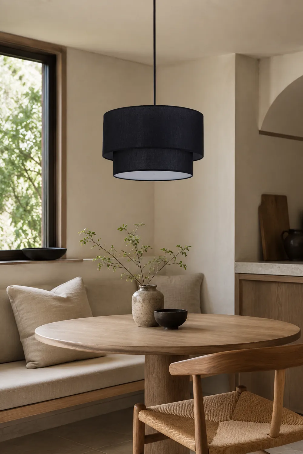 Renée Modern Dual Drum Fabric Pendant Light, Black/White/Flaxen - Lumpaz