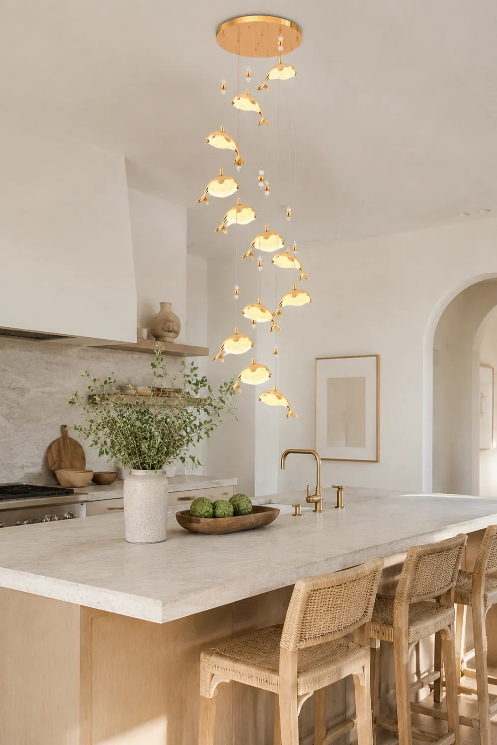 Jibril Modern Dolphin Metal Pendant Light, Gold, Metal/Acrylic - Lumpaz