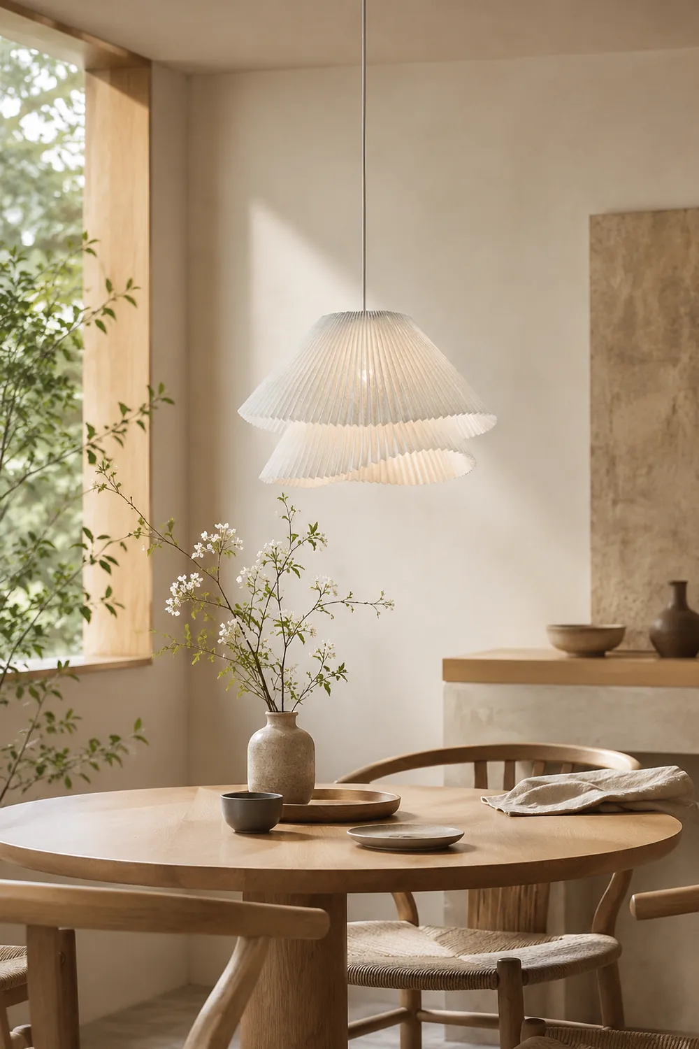 Renée Pendant Light Pleated Artificial Art Deco, Fabric, White, Bedroom - Lumpaz