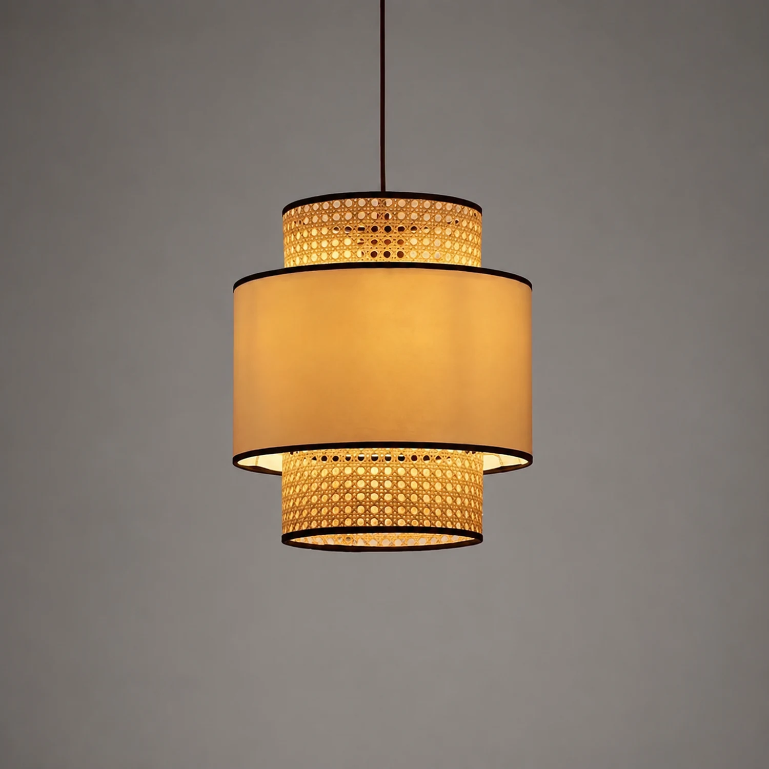Ritta Retro Fabric and Rattan Pendant Light, Beige - Lumpaz