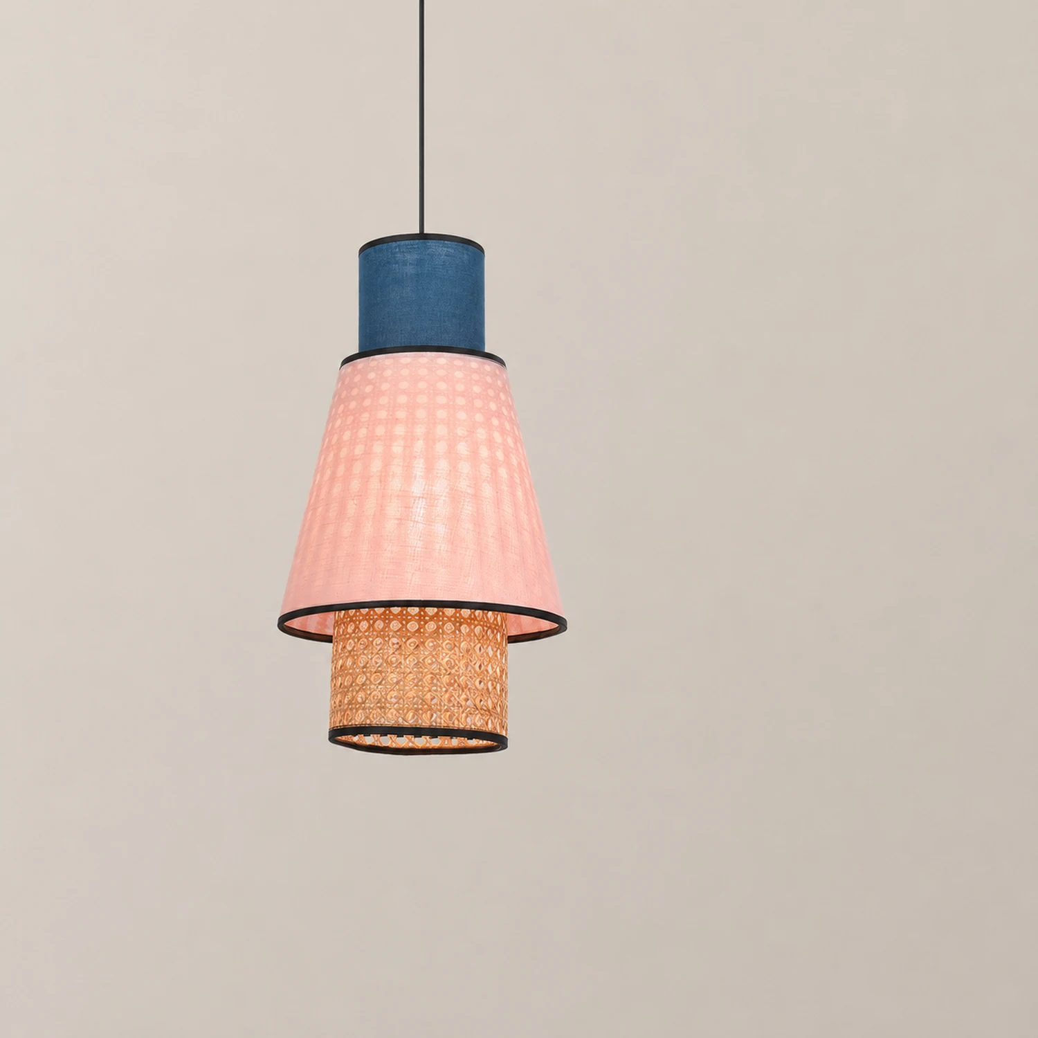 Ritta Cylindrical Fabric/Rattan Pendant Light, Pink/Royal Blue - Lumpaz