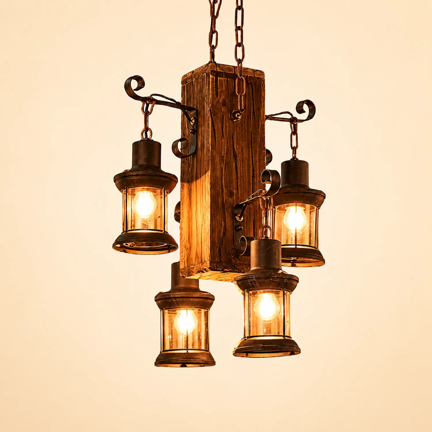 Austin Vintage Rectangular Metal/Wood Hanging Pendant Light，Wood - Lumpaz