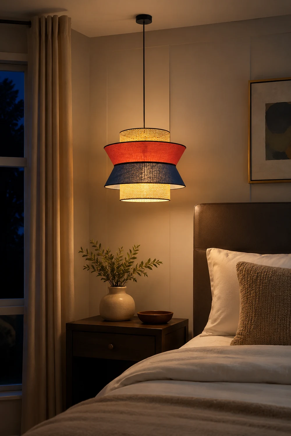 Ritta Fabric and Rattan Pendant Light, Orange/Dark Blue - Lumpaz