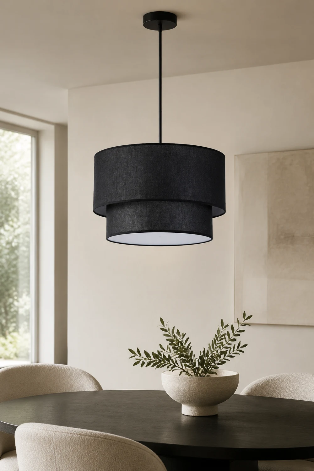 Renée Modern Dual Drum Fabric Pendant Light, Black/White/Flaxen - Lumpaz