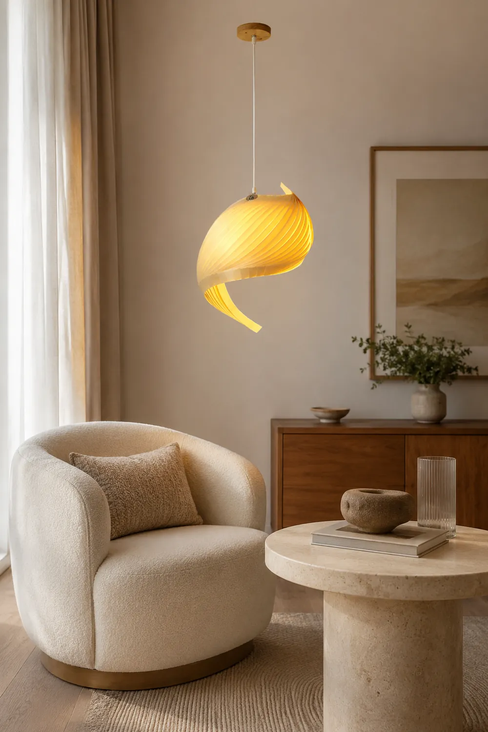 Renée Modern Conch Shell  Metal/Wood Pendant Light, Wooden - Lumpaz