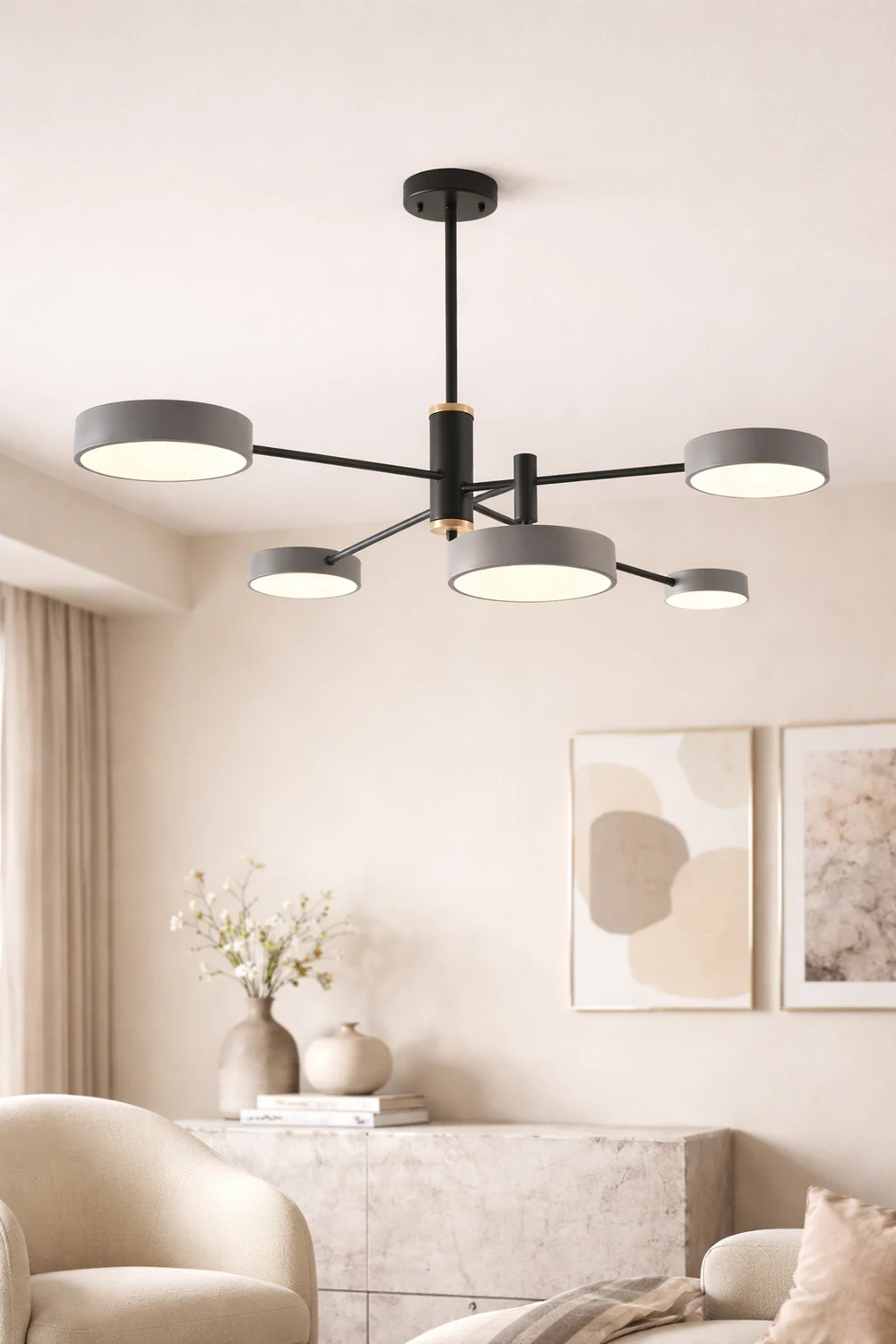 Sienna Pendant Light LED, Metal & Wood, Gray/White/Gold - Lumpaz