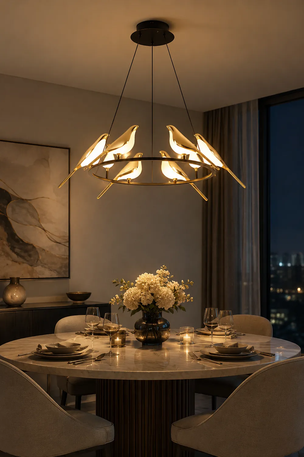 Alice Art Deco Modern Bird Pendant Light, 3/6/9 Heads, Gold - Lumpaz