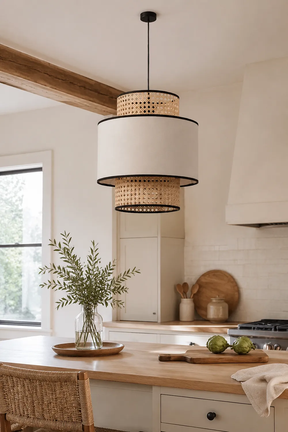 Ritta Retro Fabric and Rattan Pendant Light, Beige - Lumpaz