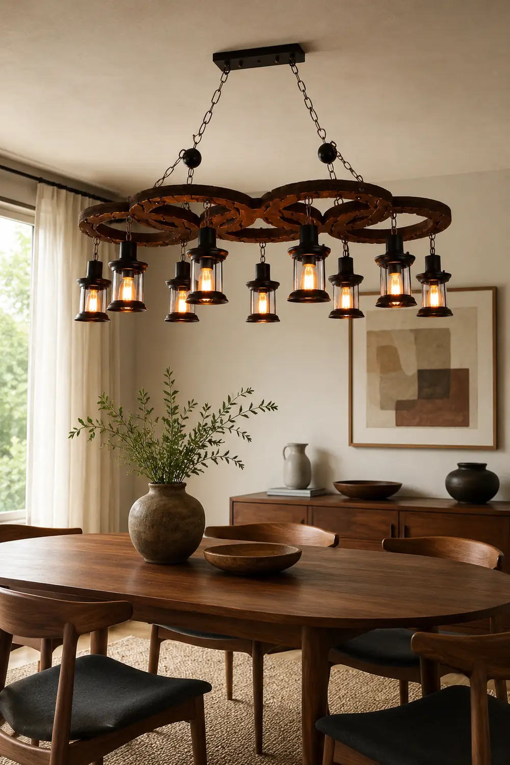 Austin Vintage 5 Ring Metal/Wood Pendant Light, Walnut - Lumpaz