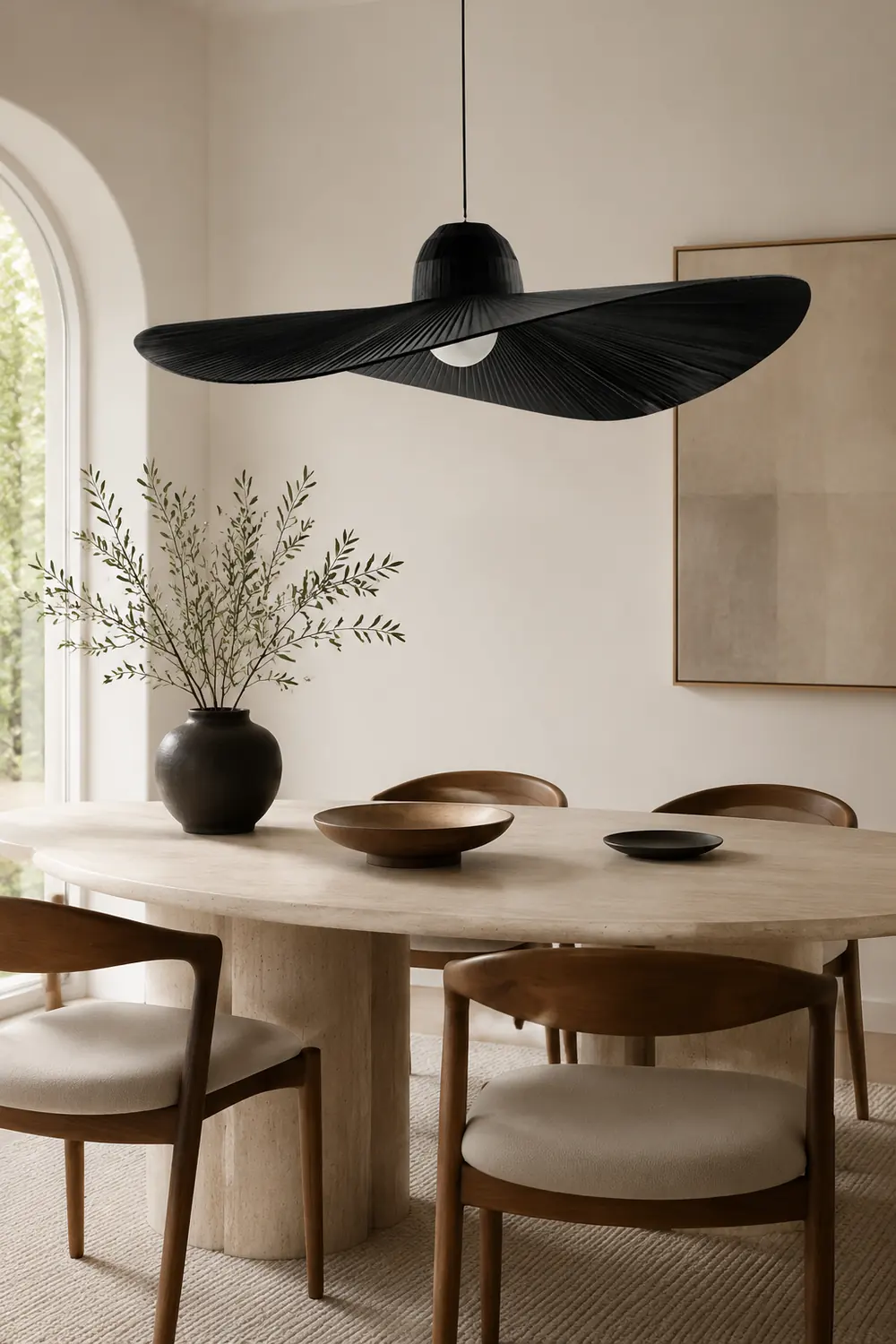 Renée Modern Woven Wide-Brimmed Hat Shape Metal/Fabric Pendant Light, Black/White - Lumpaz